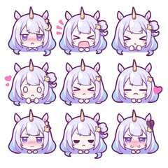 Set of unicorn girl emotes with purple hair, various expressions, cute and adorable chibi kawaii designs, perfect for stickers and digital use