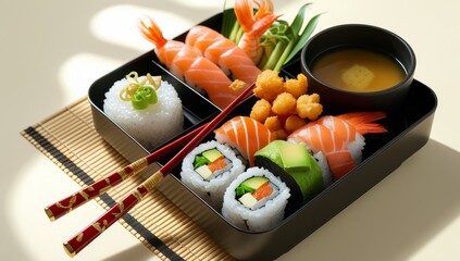 Exquisite Japanese Bento Box Filled with Salmon Sushi Shrimp Tempura and Miso Soup