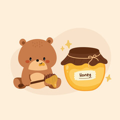 Cute Hand Drawn Honey Bear Eating Honey Illustration