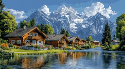 Naklejka premium Lakeside chalet village with alpine mountain backdrop.