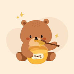 Cute Hand Drawn Honey Bear Eating Honey Illustration