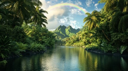 Obraz premium Serene river flowing through vibrant forest, colorful rainbow spanning the sky, tranquil nature scene inviting peace and reflection