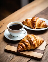 Delicious breakfast with fresh croissants and coffee on a wooden table