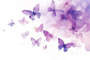 Watercolor purple butterflies flying on white background.