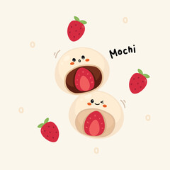 Cute Strawberry Daifuku Mochi Hand Drawn Illustration