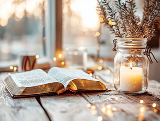 Ai generated prayer meeting scene with open bible and candle cozy setting nature inspired ambiance