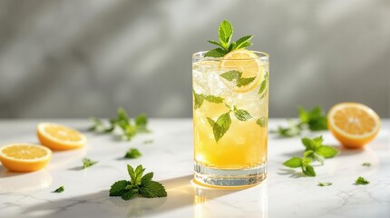 Fototapeta premium Refreshing lemon mint iced drink on marble surface with sunlight