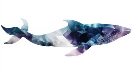 A cut-out graphic style of a serene whale, body flowing with curved geometric segments in soft gradients of navy, aqua