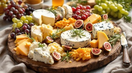 Gourmet cheese platter with grapes and figs on wooden board