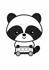 Adorable Cartoon Raccoon Holding a Mini Bus Black and White Illustration Cute Animal Design