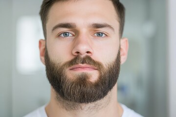 Obraz premium Confident man with a beard and striking blue eyes in a bright indoor setting