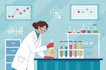 Scientist in laboratory analyzing chemical samples with equipment and graphs
