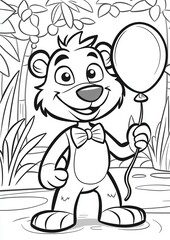 Naklejka premium Adorable Cartoon Bear Cub Holding Balloon in Lush Tropical Setting Coloring Page Illustration