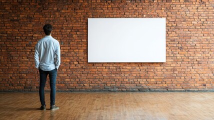 A person stands in front of a blank white canvas against a rustic brick wall, suggesting creativity and potential for new ideas.