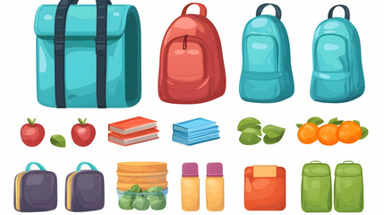 Colorful school supplies and lunch items isolated on white background