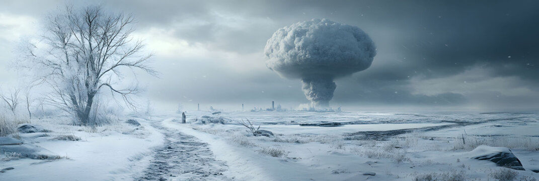 Post-Apocalyptic Winter Landscape: A lone figure walks towards a mushroom cloud in a desolate snowy wasteland.