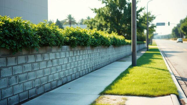 A brick wall lined with lush green shrubbery separates a concrete sidewalk from a grassy median and a paved road beyond.