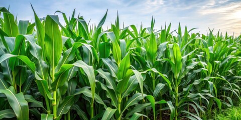 A lush green corner with dense foliage of corn plants, their leaves stretching outwards in all directions , corner plant arrangement, crop details