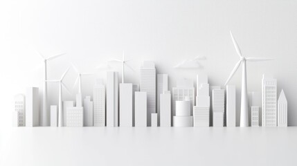 A minimalist city skyline in white, featuring skyscrapers and wind turbines, representing modern architecture and sustainability.