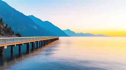 A peaceful lakeside pier with clear blue water and distant mountains under a bright sky, capturing tranquility and natural beauty.
