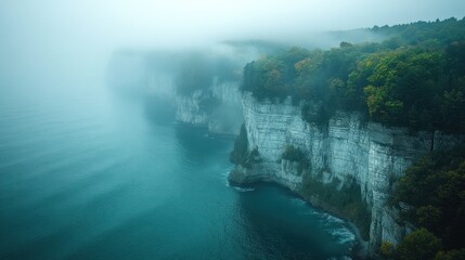 Misty coastal cliffs with forest, ocean waves, aerial view.