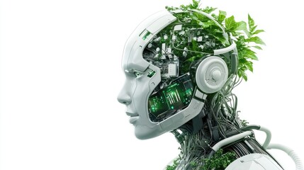 Naklejka premium A futuristic robot with a plant-filled head symbolizes the fusion of technology and nature, showcasing eco-friendly innovation and advanced robotics.
