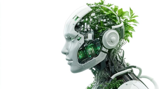 A futuristic robot with a plant-filled head symbolizes the fusion of technology and nature, showcasing eco-friendly innovation and advanced robotics.