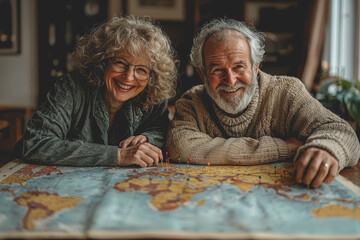 Older couple exploring travel map together planning route adventure travel leisure activity senior citizens wandering discovery journey travel planning relationship bonds outdoors
