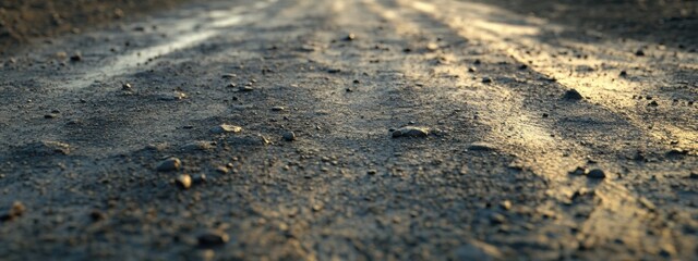 Textured dirt road featuring embedded pebbles and tire marks, showcasing the ruggedness of unpaved travel paths.