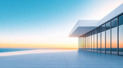 A white minimalist building with large floor-to-ceiling windows overlooking the sea.