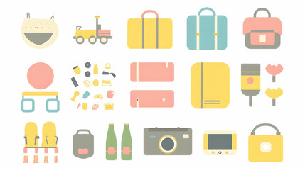 Colorful Travel Icons Luggage, Accessories, and Transportation against a White Background for Website Design