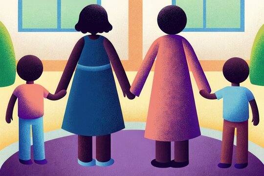 Diverse family unity holding hands in vibrant home setting illustration