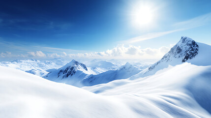 Snow-Covered Mountains with Clear Blue Skies, Majestic Peaks and Fresh Powdery Snow, Scenic Winter Landscape