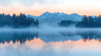 Misty lake reflecting mountain sunrise, forest silhouette.