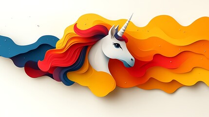 Fototapeta premium Abstract Papercut Unicorn with Colorful Flowing Mane