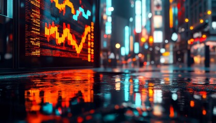 Night city street reflecting stock market data on wet pavement.