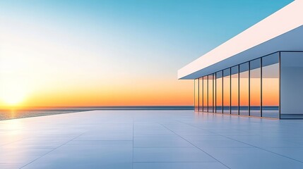 Obraz premium A white minimalist building with large floor-to-ceiling windows overlooking the sea.