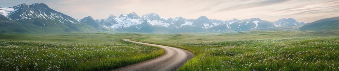 Winding road through grassy field towards majestic snow-capped mountains.