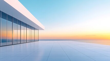 Obraz premium A white minimalist building with large floor-to-ceiling windows overlooking the sea.