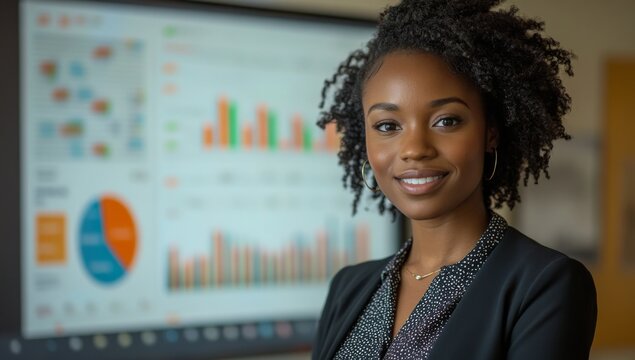 An African American woman presenting on digital marketing at the office, with charts and graphs.
