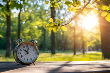 Silver Alarm Clock Sits on Wooden Table in Sunny Park with Green Trees and Bright Sunlight