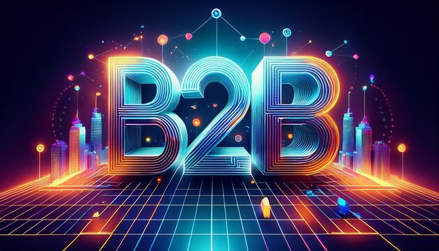 A vibrant, futuristic design featuring "B2B" in glowing letters, symbolizing business-to-business connections in a digital landscape.