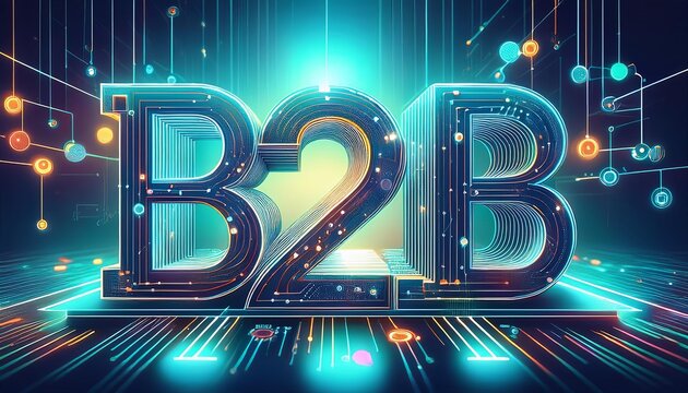 A vibrant digital display featuring "B2B," symbolizing business-to-business connections in a futuristic, tech-inspired environment.