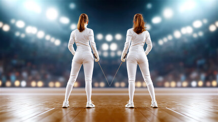 Ballet dancers performing a graceful move on a grand stage with dramatic lighting, capturing elegance, poise, and intense focus in their art.