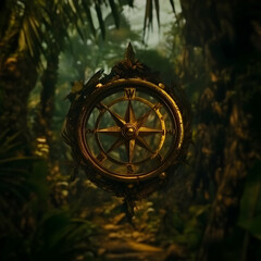 Ornate Golden Compass Floats Mysteriously in Lush Jungle Depths, Guiding Explorers Deep into the Unknown