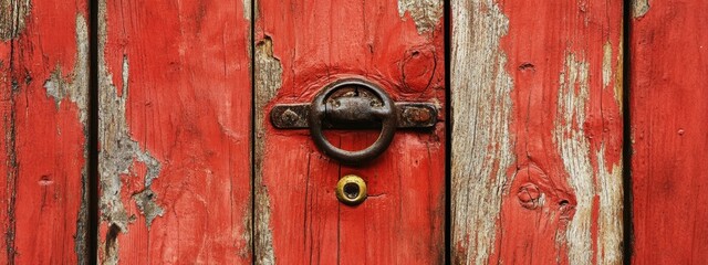 Fototapeta premium Weathered Wooden Door, intricate texture of peeling paint, rich history reflected in age lines, inviting exploration of its story