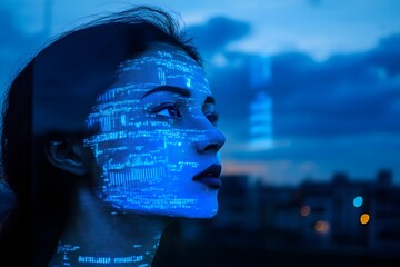 Abstract Portrait of a Woman with Digital Data Overlay, Futuristic Technology, Blue and Purple Tones, Night City Background, Modern Artistic Style,   