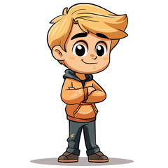 Fototapeta premium Cute cartoon boy standing with folded arms. Vector illustration isolated on white background.