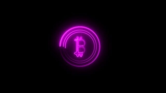 Bitcoin sign concept .  golden coin with shadow coin icon Animation with pink color  neon line  vector . Bitcoin Blockchain technology animation