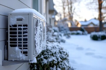 An outdoor air conditioner unit on the side wall of house in winter.